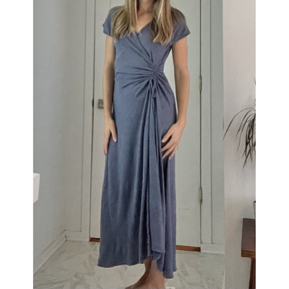 Max Studio Ruched Waist Tie Flattering Bump Friendly Blue Wrap Maxi Dress Size S